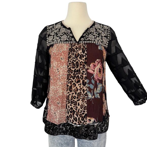 John Mark Jacquard-Velvet 3/4 Sleeves Top Tunic Floral Animal Print PS (XS-S) - Picture 1 of 10